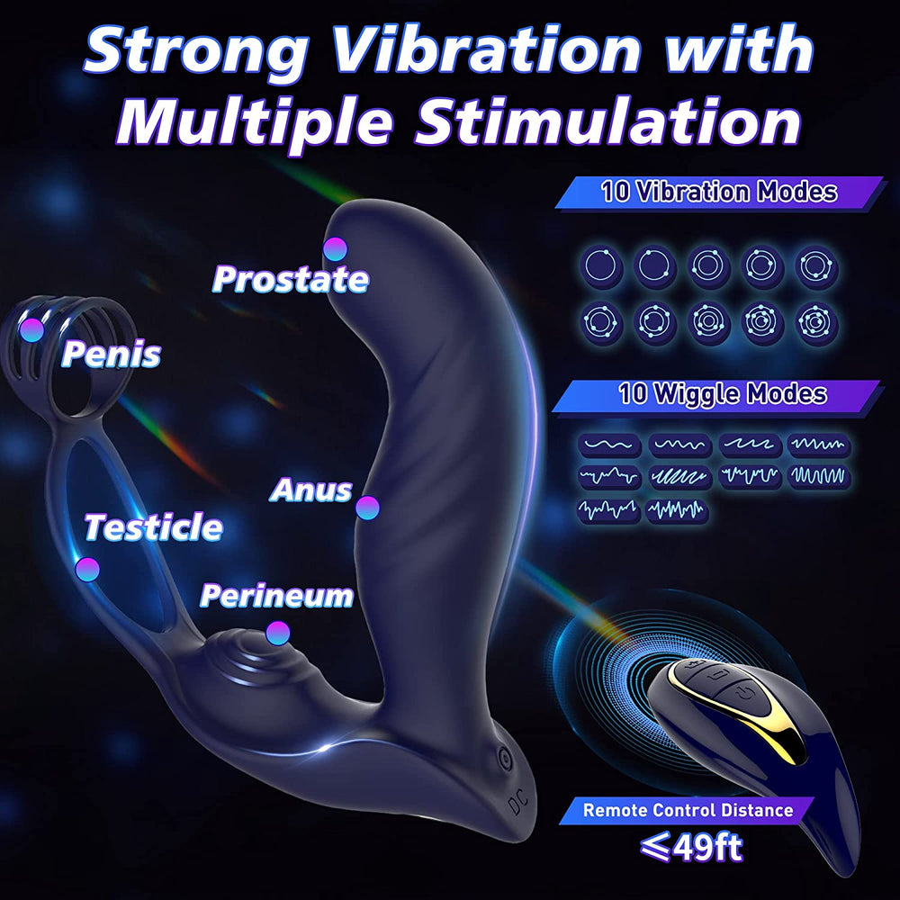 Blue Eagle Dual Penis Ring Prostate Anal Vibrator With 10 Wiggle & Vibration Modes - ADST